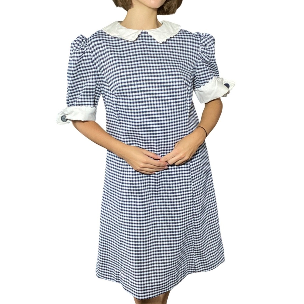 Handmade Vintage Navy White Houndstooth Scalloped Collar Dress Kitschy Mod - M/L - Picture 12 of 12